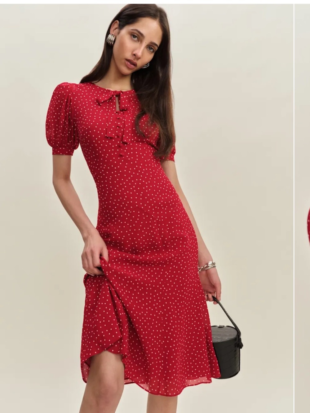 Reformation Delia Red Polka Dot Puff-Sleeve Midi Dress